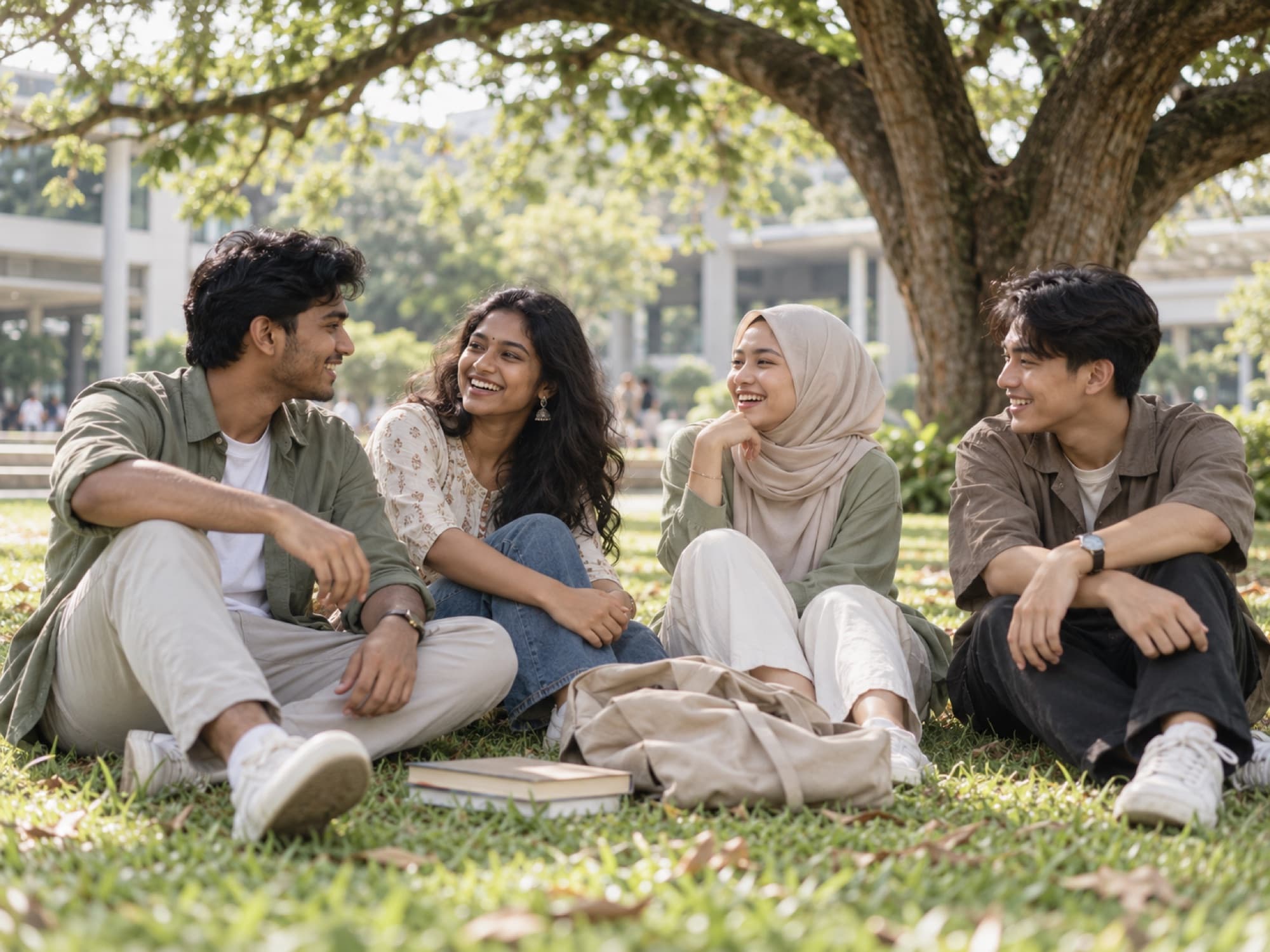 Students on a green university lawn in Malaysia